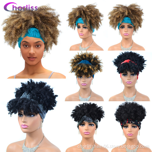 Wholesale ombre  Headbands Black long  Afro Wig Synthetic Wigs African Kinky Curly Box Wrap Puff Turban wigs For women